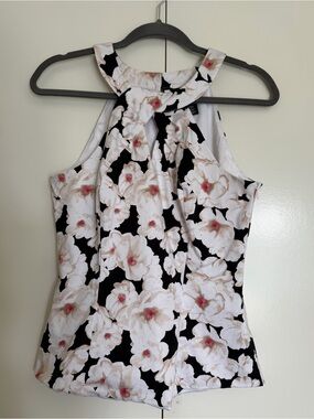 White House Black Market Black Floral Sleeveless Keyhole Top